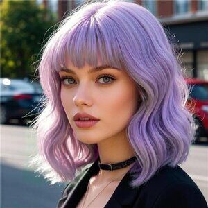 Wavy Wig with Bangs Shoulder Length Purple